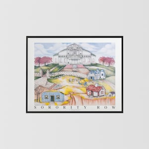 May include: A watercolor painting of a white building with a red roof and a large front porch. The building is surrounded by trees and bushes, and there are several smaller buildings in the foreground. The painting is titled "Sorority Row" and is signed "Jay Lee".