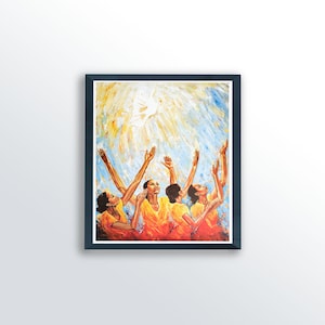 May include: A painting of four people with their arms raised in the air, looking up at a bright light in the sky. The people are painted in shades of brown, yellow, and orange, and the background is a blue and white sky.