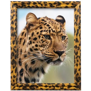 May include: A close-up of a leopard's face, with a focused gaze and a soft, brown and black spotted fur pattern. The leopard is framed in a gold and brown leopard print picture frame.