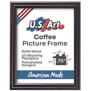 May include: A dark brown wood picture frame with a black mat. The frame is 0.75 inches wide and 0.87 inches tall. The frame is made in the USA and features UV blocking plexiglass and preinstalled hangers. The frame is labeled "U.S. Art Coffee Picture Frame".