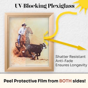 May include: A framed picture of a cowboy roping a calf, protected by UV-blocking shatter-resistant plexiglass. The plexiglass has a protective film on both sides.  "UV-Blocking Plexiglass", "Shatter Resistant", "Anti-Fade", "Ensures Longevity", and "Peel Protective Film from BOTH sides!" are written on the image.