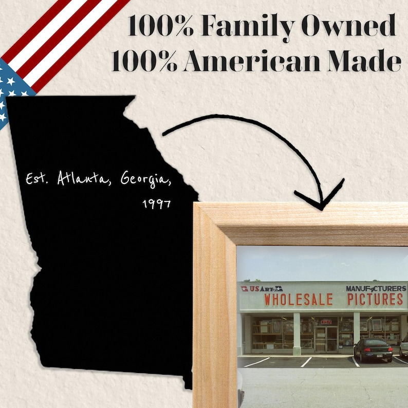 May include: A black and white image of a storefront with the text "US Art Co. Wholesale Manufacturers Pictures" above the entrance. The storefront is framed in wood and the image is set against a white background with the text "100% Family Owned 100% American Made" at the top.