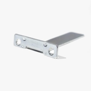 May include: A silver-colored metal bracket with two circular holes and a rectangular extension. The bracket is designed for structural support and is likely used in construction or repair projects. The object is shown against a white background.