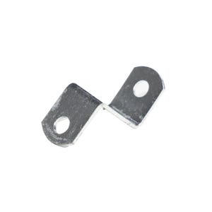 May include: A small, silver-colored metal bracket with a bent, angled shape. The bracket has two flat sections, each with a circular hole for mounting. The metal has a slightly textured surface.