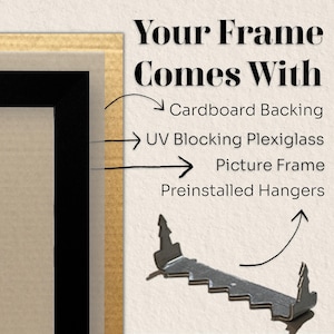 May include: A close-up of a black picture frame with a cardboard backing, UV blocking plexiglass, and preinstalled hangers. The frame is made of wood and has a simple, modern design.