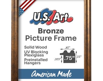 Distressed Bronze .75 in Wood Picture Frame, 100% American Made Solid Wood Wall Decor, Preinstalled Hangers, UV Blocking Plexiglass