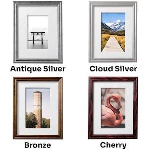 Puede incluir: Cuatro marcos de fotos diferentes con marcos y bordes de diferentes colores. Los marcos est&aacute;n etiquetados como Plata Antigua, Plata Nube, Bronce y Cereza.