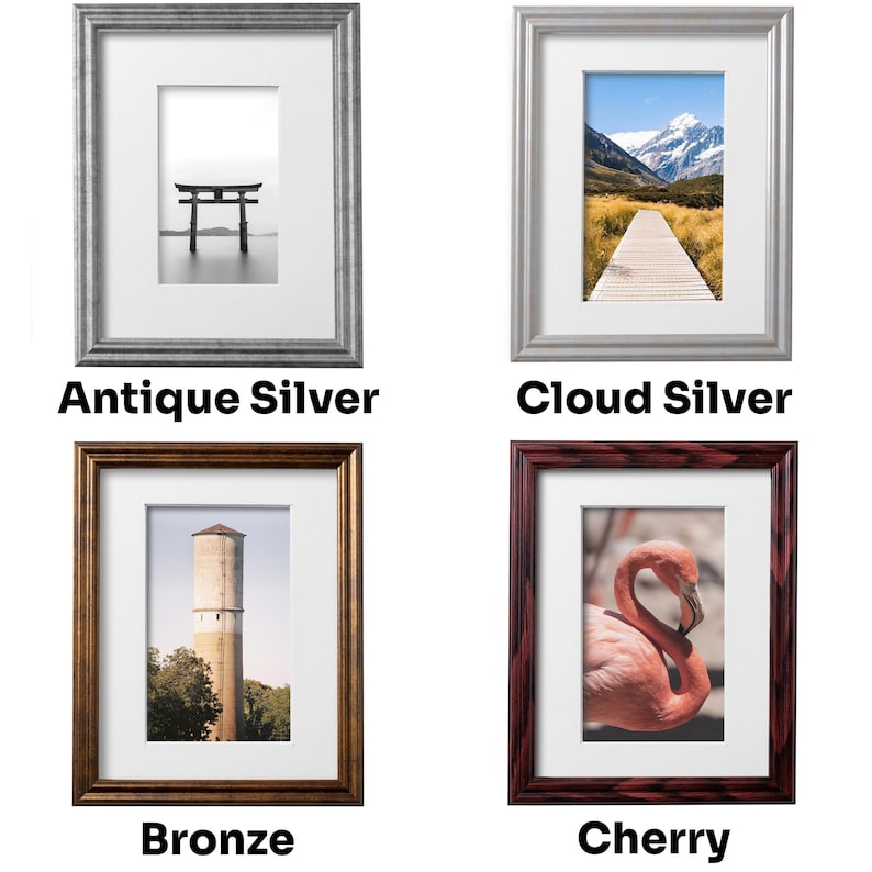 Puede incluir: Cuatro marcos de fotos diferentes con marcos y bordes de diferentes colores. Los marcos est&aacute;n etiquetados como Plata Antigua, Plata Nube, Bronce y Cereza.