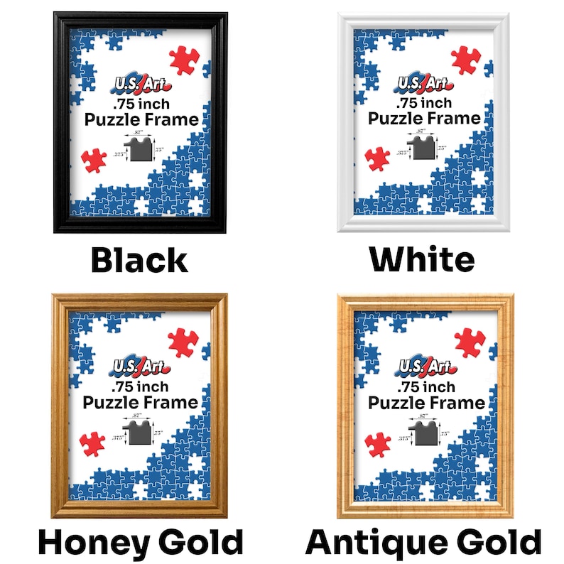 May include: Four different colored picture frames for a .75 inch puzzle. The frames are black, white, honey gold, and antique gold. The frames are all the same size and shape. The frames are all made of wood.