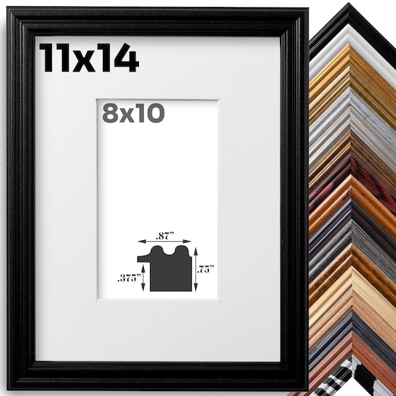 11x14 Wood Picture Frame Matted to 8x10 in 15+ Colors for Wall Decor, UV Blocking Plexiglass Preinstalled Vertical and Horizontal Hangers