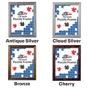 May include: Four different colored picture frames with a jigsaw puzzle design. The frames are labeled "Antique Silver", "Cloud Silver", "Bronze", and "Cherry". Each frame has the text "U.S. Art .75 inch Puzzle Frame" printed on it.