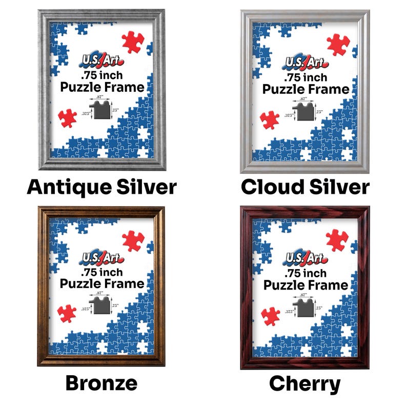 May include: Four different colored picture frames with a jigsaw puzzle design. The frames are labeled "Antique Silver", "Cloud Silver", "Bronze", and "Cherry". Each frame has the text "U.S. Art .75 inch Puzzle Frame" printed on it.