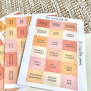 May include: Three sheets of Bible tabs with different book names and chapter numbers. The tabs are in shades of peach, orange, and yellow. The text is in black.