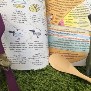 May include: A close-up of a book open to a page with instructions on how to make bagels. The book is on a green surface with a purple spatula, a wooden spoon, and two dinosaur toys. The book page has illustrations of the steps involved in making bagels.