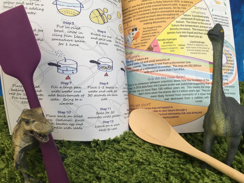 May include: A close-up of a book open to a page with instructions on how to make bagels. The book is on a green surface with a purple spatula, a wooden spoon, and two dinosaur toys. The book page has illustrations of the steps involved in making bagels.