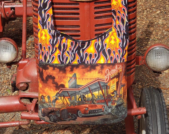 Zombie drive-in crossbody bag. Midnight BBQ in flames and fire.
