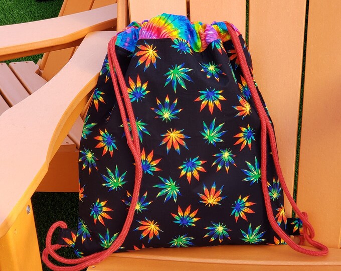 California Dreaming. Recreational drawstring bag. Cannabis is locally grown. Rainbow color tie-dye.