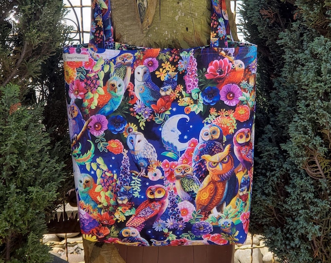 Wise Owl shopper bag. Bird of Prey, moonlight magic, and wildflowers.