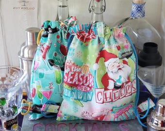 Holiday Cheers reusable gift bags. Happy Hour with Santa Claus.