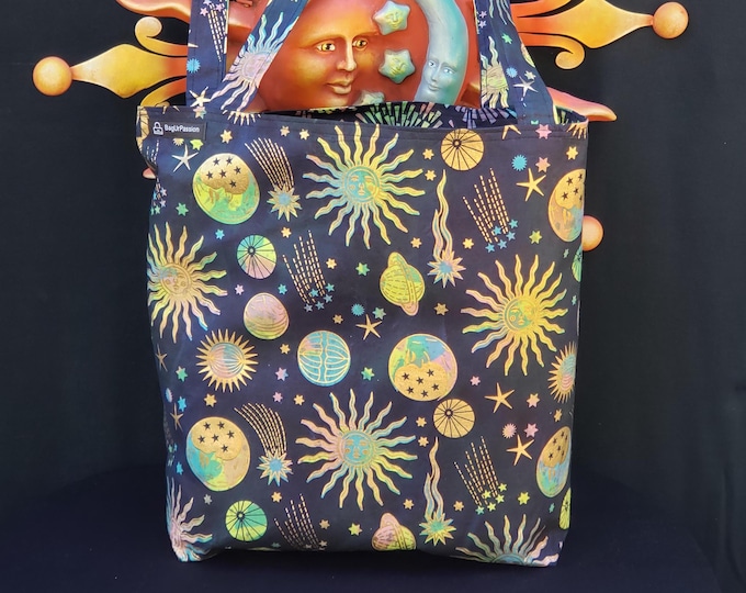 Stargazing bag. Mesmerizing universe, sun, moon, stars, and comets.