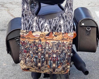 Motorcycle zombies crossbody bag. Friendly bikers on a desert ride.