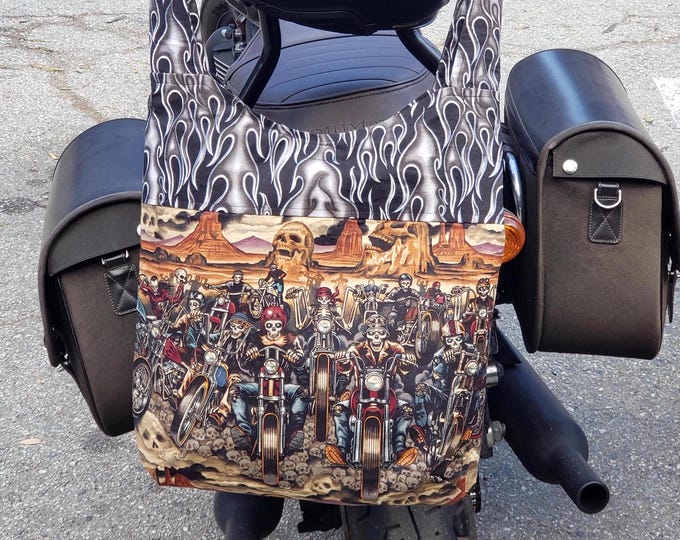 Motorcycle zombies crossbody bag. Friendly bikers on a desert ride.