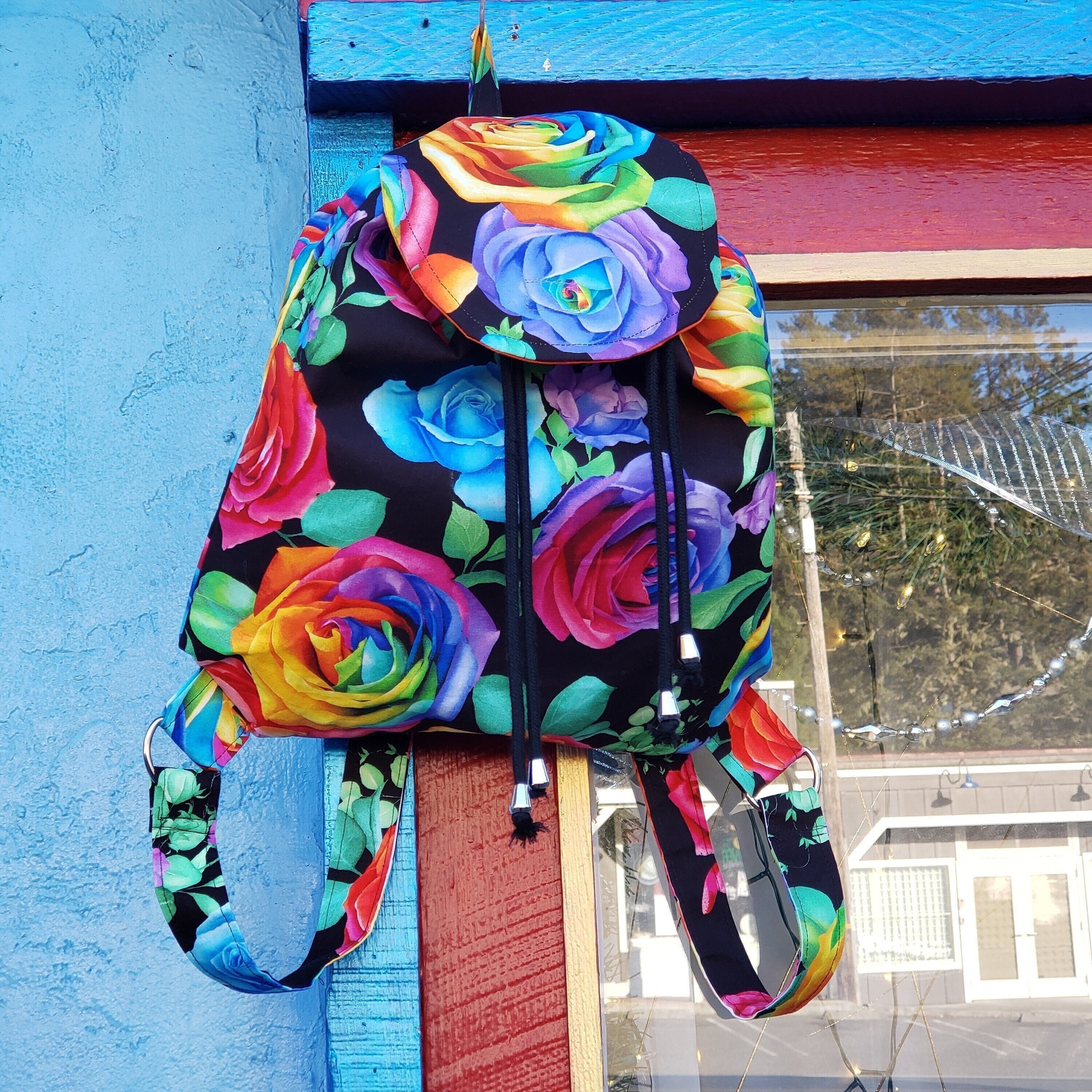 Rainbow Roses Backpack. Bold and beautiful. Bohemian urban adventures