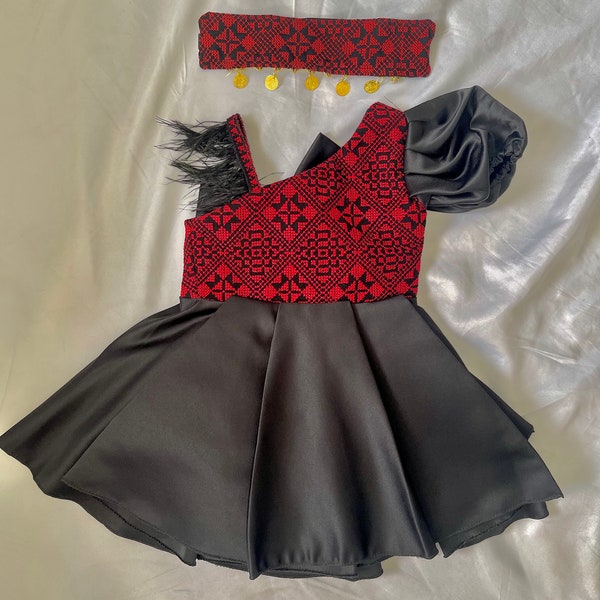 Baby Girl Tatreez Dress | Puff Sleeves | Traditional Tatreez Dress | Baby Girl | Palestinian Tatreez Dress | Red Cross Stitch Tatreez