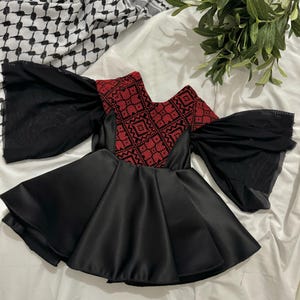 Baby Girl Tatreez Dress | Chiffon Sleeves | Traditional Tatreez Dress | Baby Girl | Palestinian Tatreez Dress | Red Cross Stitch Tatreez