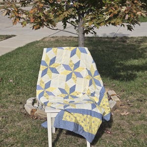 Vintage Blue & Yellow Star Quilt | Hand Quilted Pinwheel Patchwork