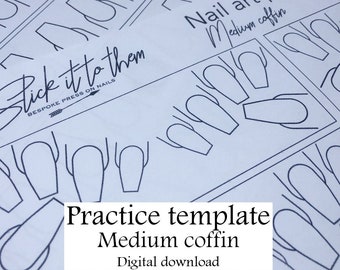 Puede incluir: Una plantilla de práctica de arte de uñas imprimible para uñas en forma de ataúd mediano. La plantilla presenta múltiples formas de uñas y el texto "Stick it to them Bespoke Press On Nails" y "Nail art practice to Medium coffin".
