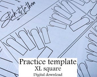 Puede incluir: Una plantilla de práctica de arte de uñas imprimible con el texto "Stick it to them" y "Bespoke Press On Nails" en una fuente de escritura a mano. La plantilla es para uñas cuadradas XL y es una descarga digital.