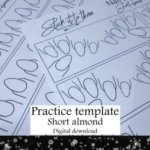 May include: A printable digital download of a nail art practice template for short almond shaped nails. The template features multiple outlines of nails in a row, with the text "Stick it to them" and "Bespoke Press on Nails" at the top.