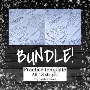 May include: A digital download bundle of 18 nail art practice templates. The templates are printed on white paper and feature various nail shapes. The text "Stick it to them" and "Nail art practice" is visible on the templates.