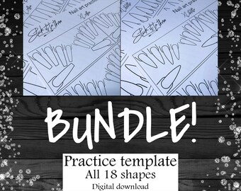 Puede incluir: Un paquete de descarga digital de 18 plantillas de práctica de arte de uñas. Las plantillas están impresas en papel blanco y presentan varias formas de uñas. El texto "Stick it to them" y "Nail art practice" es visible en las plantillas.