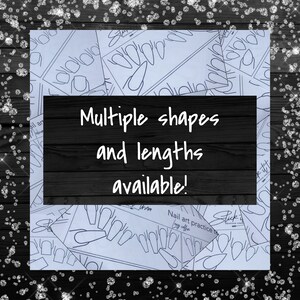 Puede incluir: Un primer plano de una gu&iacute;a de pr&aacute;ctica de arte de u&ntilde;as azul y blanca con el texto "Multiple shapes and lengths available!" impreso en negro. La gu&iacute;a presenta varias formas y tama&ntilde;os de u&ntilde;as.
