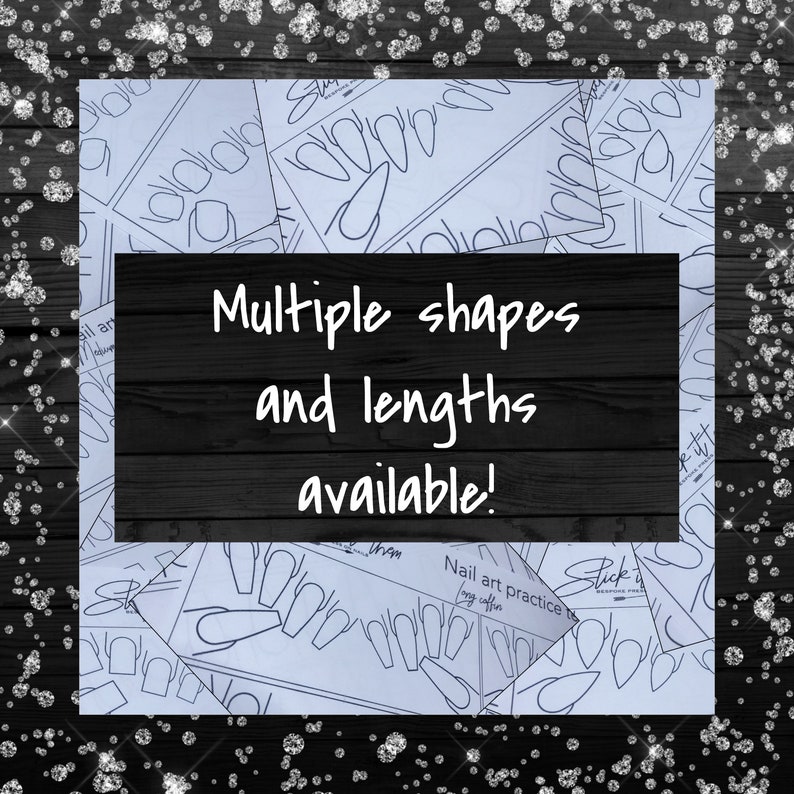 Puede incluir: Un primer plano de una gu&iacute;a de pr&aacute;ctica de arte de u&ntilde;as azul y blanca con el texto "Multiple shapes and lengths available!" impreso en negro. La gu&iacute;a presenta varias formas y tama&ntilde;os de u&ntilde;as.