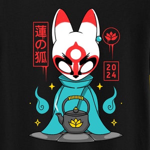 Maglietta unisex con carina Lotus Fox - Bō - Fiore di loto verde acqua - Bambola Daruma - Amante del tè - Folklore giapponese - Maglietta per videogiochi indie - Gioco - Maglietta per giocatori