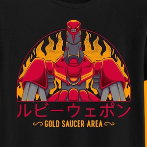 May include: Black t-shirt with a red robot illustration in a circle of flames. The text "ルビーウエイポン GOLD SAUCER AREA" is below the robot.