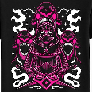 May include: Black t-shirt featuring a pink graphic of a ninja-like figure with a mask, surrounded by stylized monster heads and decorative elements. The design has a bold, graphic style, perfect for fans of fantasy and action themes.