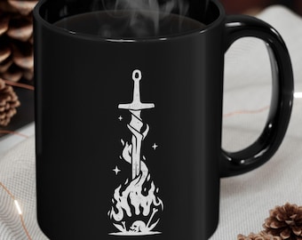 Bonfire Unisex Black Ceramic Coffee Cups, Mug 11oz, 15oz - Soulsborne Video Game - Souls Games Cup - Tattoo art design - Gamer - Gaming Mug
