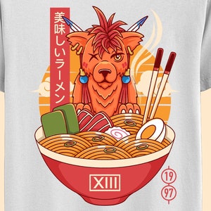 May include: A white t-shirt featuring a cartoon fox wearing a red headband and holding a bowl of ramen. The bowl of ramen has a red rim and the text "おいしいラーメン" in Japanese. The text "XIII" is on the bottom of the bowl.