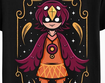 May include: Black t-shirt featuring a cartoon character with a bird-like appearance. The character has a burgundy head and wings, an orange top, and an intricate design on the lower part of the outfit. The text "CALAMUS" is above the character in gold.