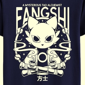 Könnte beinhalten: Ein marineblaues T-Shirt mit einem weißen Grafikdesign, das eine Katze mit einer mystischen Aura zeigt. Der Text "A Mysterious Tao Alchemist" und "Fangshi" befinden sich über der Katze, und der Text "方士" befindet sich unter der Katze.