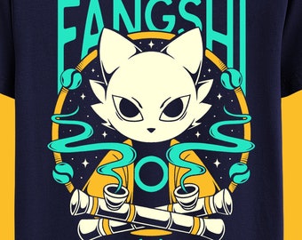 May include: A navy blue t-shirt with a white cat illustration and the text "A Mysterious Tao Alchemist Fangshi" in a colorful, retro-style design. The text "方士" is also included in the design.