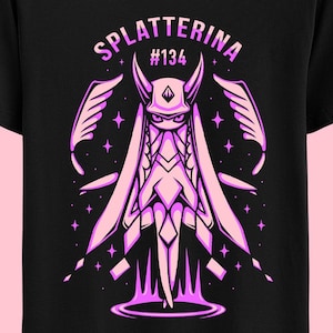 May include: Black t-shirt with a pink illustration of a character with wings and the text "Splatterina #134".