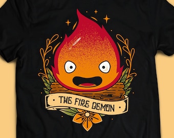 The Fire Demon T-shirt - Calcifer Shirt - Howl's Moving Castle Tee - Cute Kawaii t-shirt - Tattoo Art Style Shirt
