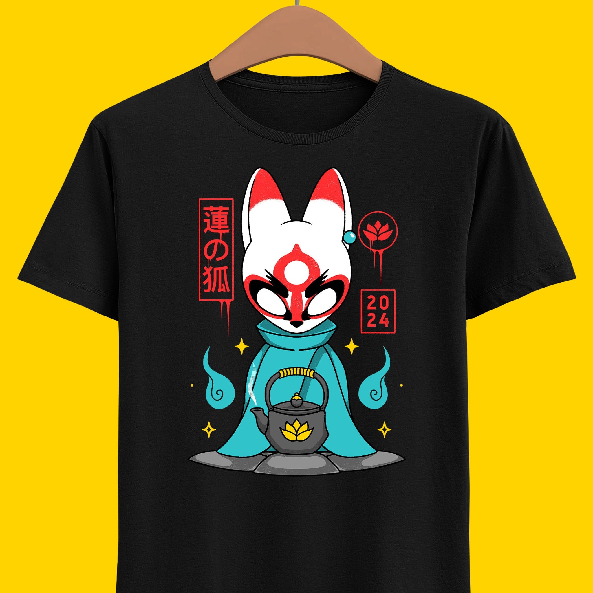 Cute Lotus Fox Unisex T-shirt - Bō - Teal Lotus Bloom - Daruma Doll - Tea Lover - Japanese Folklore - Indie Game Tshirt - Gaming - Gamer Tee