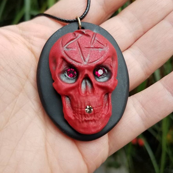 Red Skull Pentacle Polymer Clay Necklace, Wiccan, Pagan, Gothic gifts, Satanic gifts for Him, Men's gift, Gift for Witchy Friends or Family