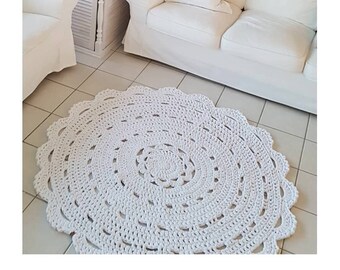 Runder, weißer Häkelteppich aus Baumwolle,unikat, boho, landhaus, Vintage, Designerstück,155cm